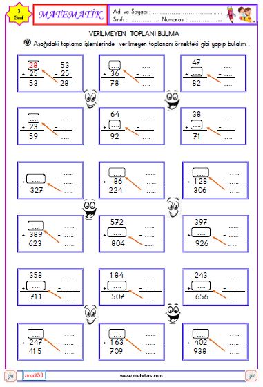 3. Sınıf Matematik Verilmeyen Toplananı Bulma Etkinliği 1