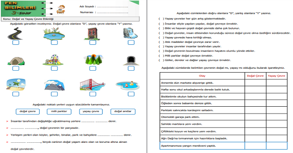 3.Sınıf Fen Bilimleri Doğal ve Yapay Çevre Etkinliği