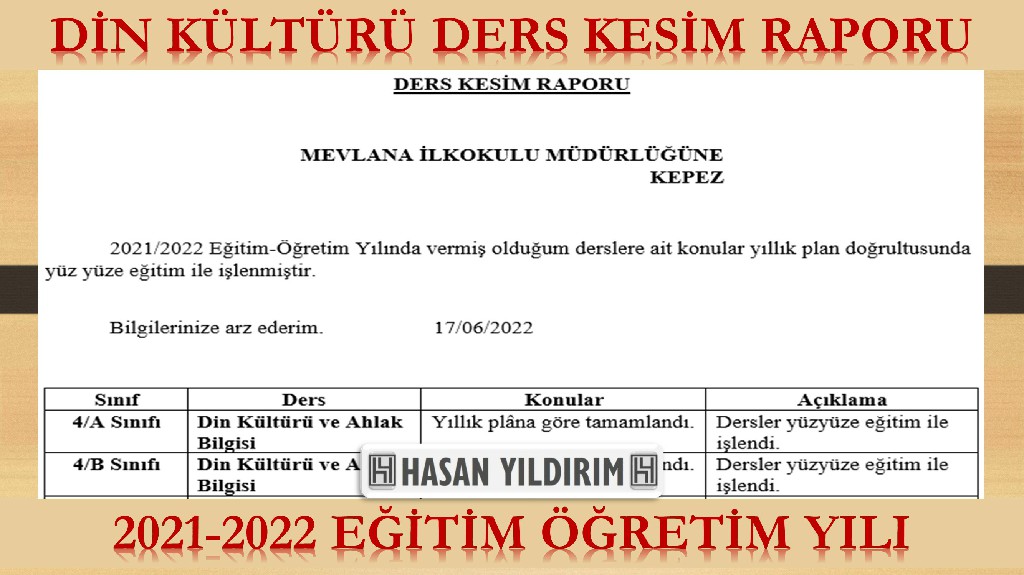 2021-2022 Din Kültürü ve Ahlâk Bilgisi Dersi Ders Kesim Raporu