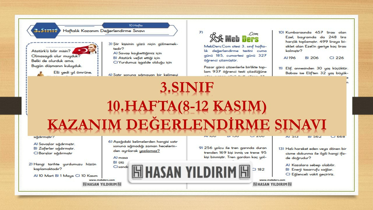 3.Sınıf Haftalık Değerlendirme Testi-10.Hafta(8-12 Kasım)