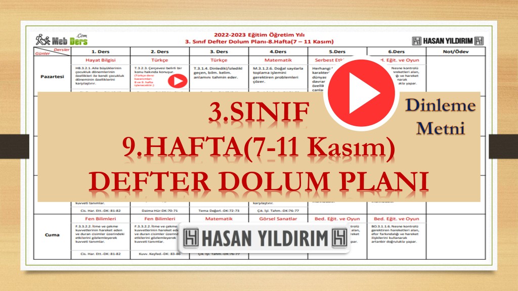 2022-2023 Eğitim Öğretim Yılı 3. Sınıf 9. Hafta (7-11 Kasım) Defter Dolum Planı