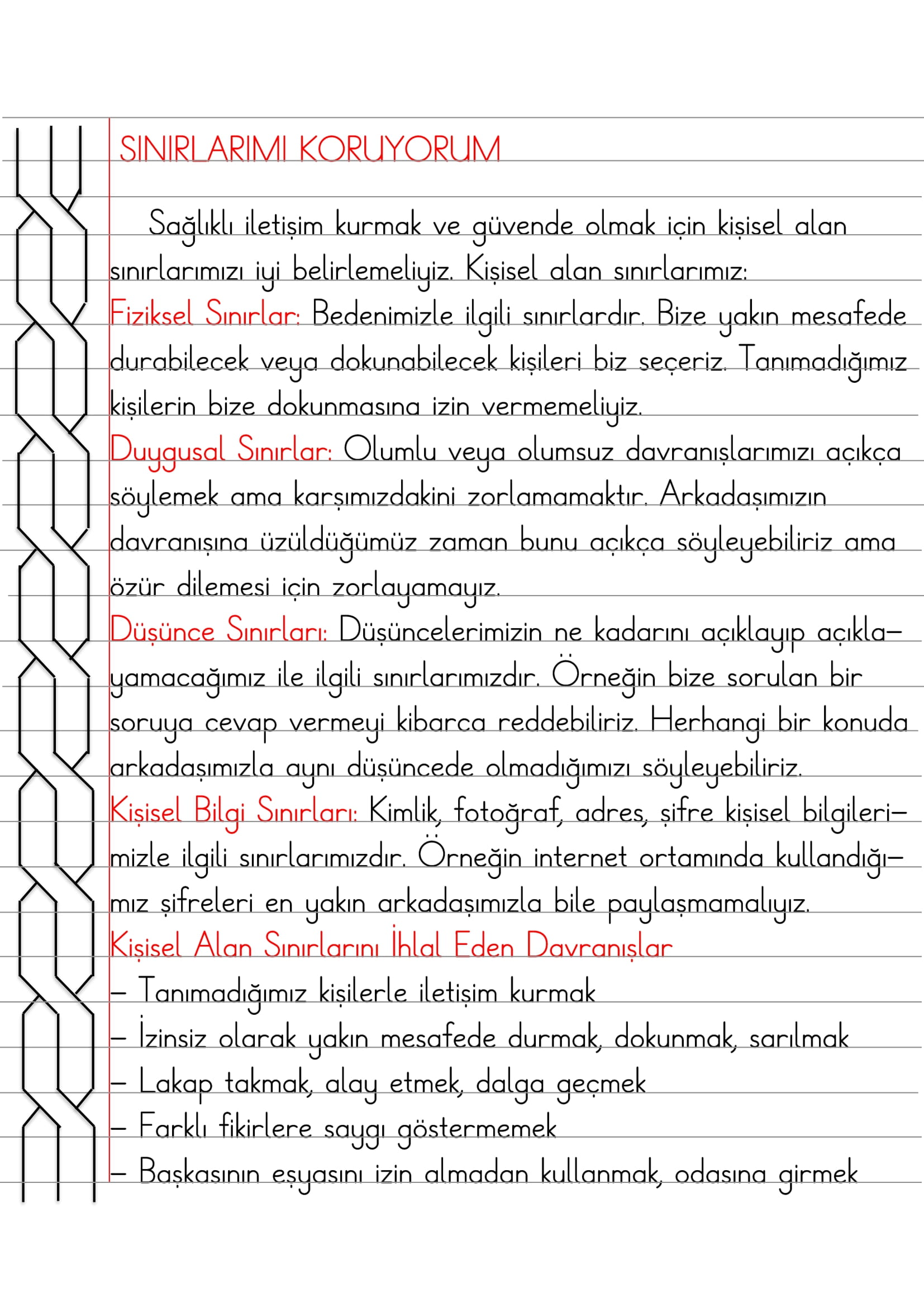 2.Sınıf - Hayat Bilgisi Sınırlarımı Koruyorum Defter Özeti