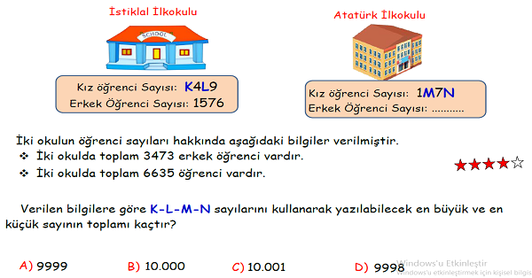 4.Sınıf Matematik Toplama İşlemi Yeni Nesil Sorular