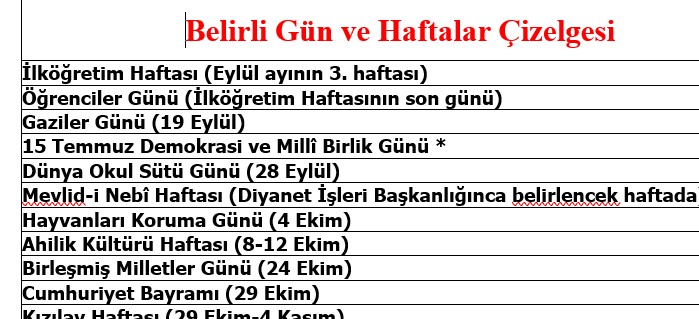 Belirli gün ve haftalar Çizelgesi (Tamamı)