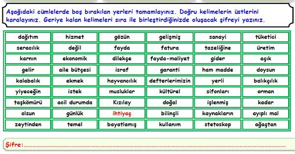 4.Sınıf Sosyal Bilgiler Üretim, Dağıtım ve Tüketim Ünitesi Boşluk Doldurma Etkinliği