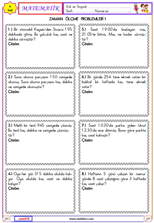 4. Sınıf Matematik Zaman Ölçme Problemleri Etkinliği 1