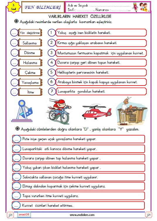 3. Sınıf Fen Bilimleri Varlıkların Hareket Özellikleri Etkinliği 2