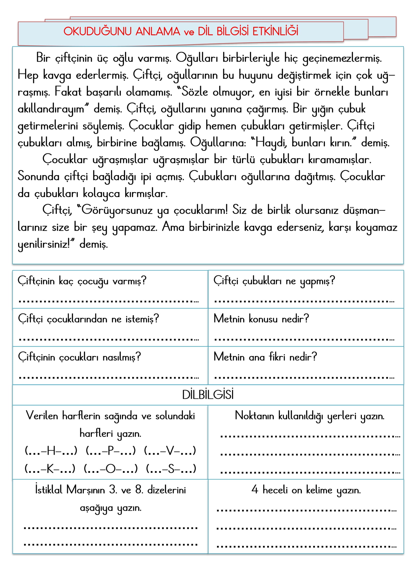 2.Sınıf - Türkçe Okuduğunu Anlama ve Dil Bilgisi Etkinliği-3