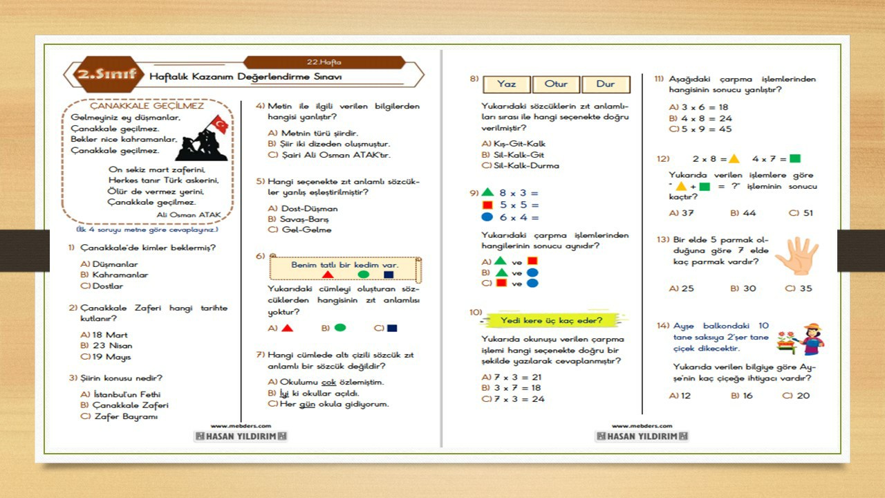 2.Sınıf Haftalık Değerlendirme Testi-22.Hafta(15-19 Mart)