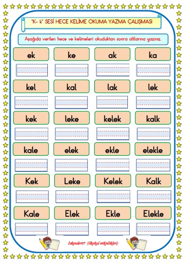 1.Sınıf  K-k Sesi Hece Kelime Okuma Yazma Çalışması