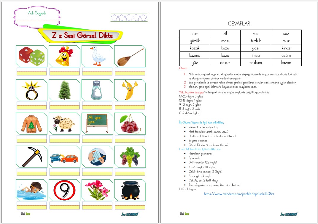 1. Sınıf İlk Okuma Yazma Z Sesi GÖRSEL DİKTE