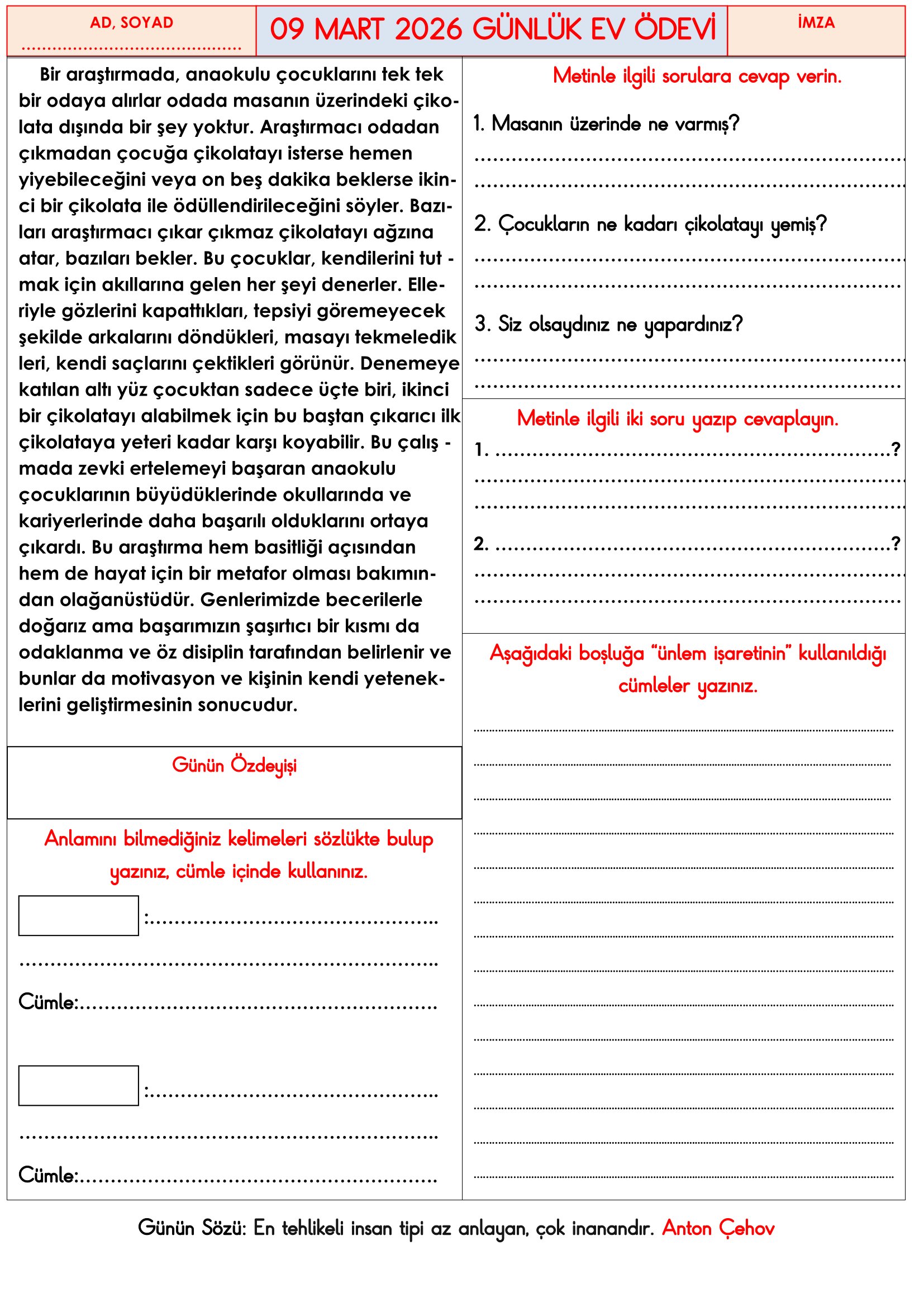 3.Sınıf - 09 Mart 2026 Günlük Ev Ödevleri