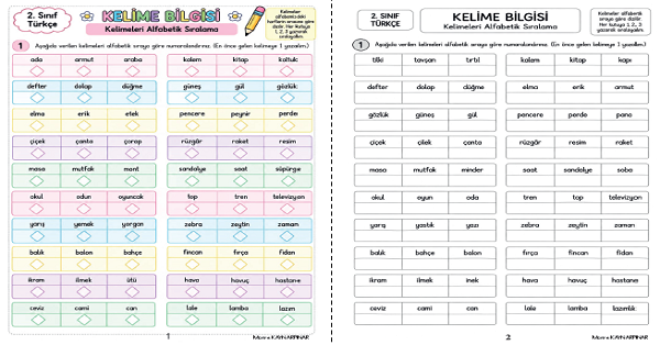 2. Sınıf Türkçe Kelimeleri Alfabetik Sıraya Koyma ( 4 Sayfa )