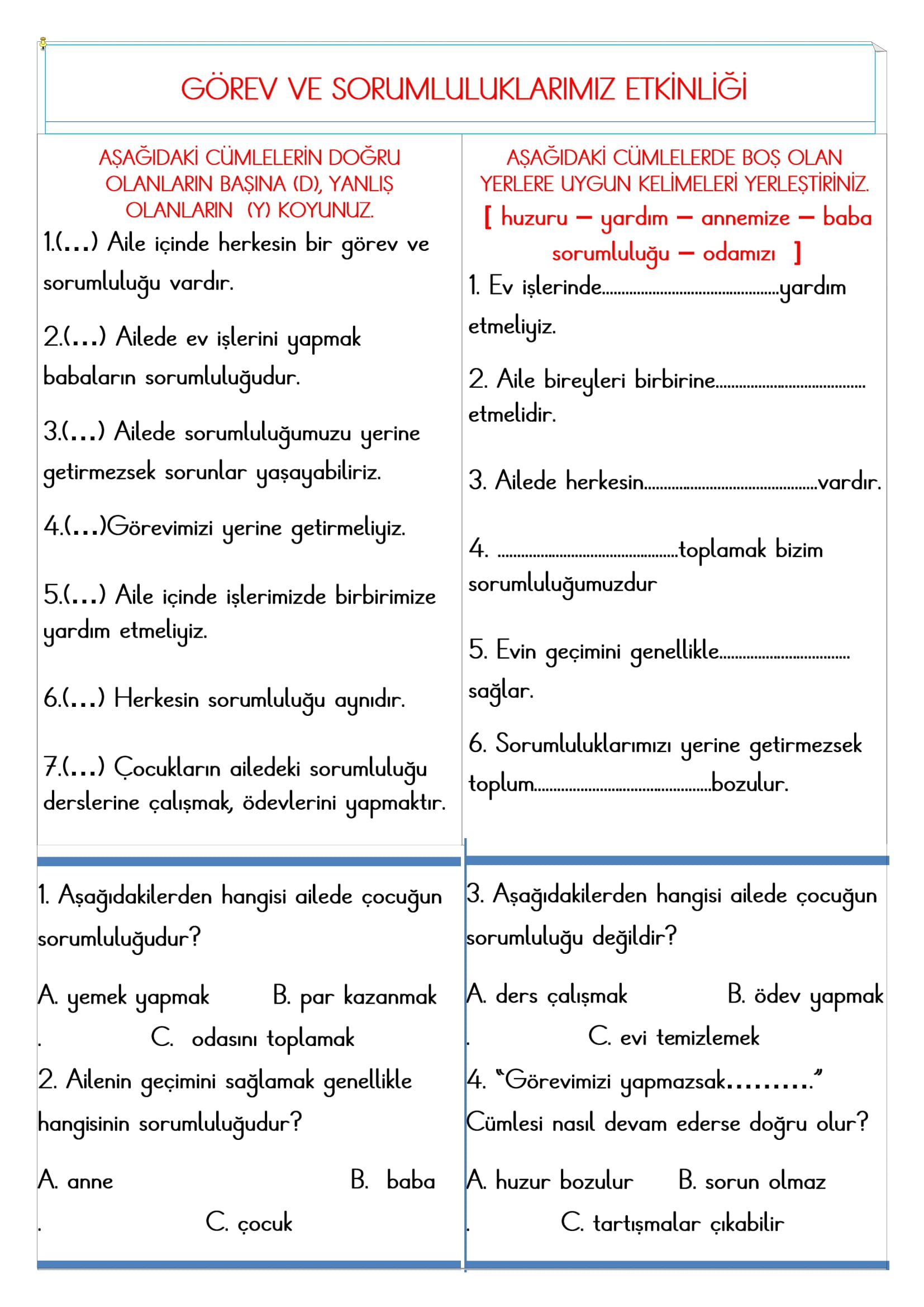 2.Sınıf - Hayat Bilgisi Görev ve Sorumluluklarımız Etkinliği