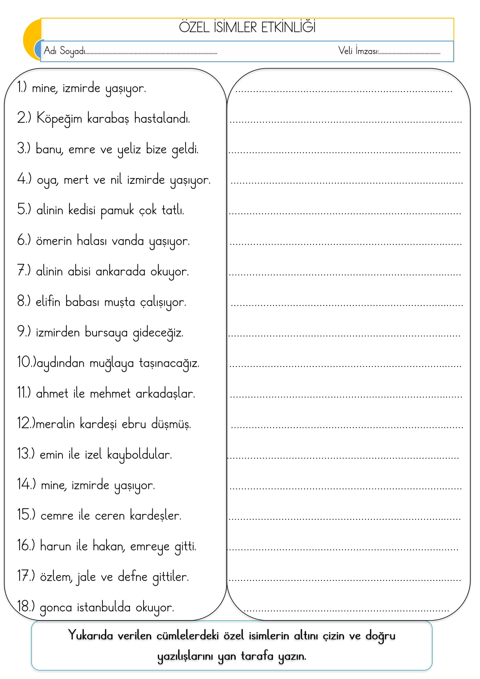 1.Sınıf Türkçe Özel İsimler Etkinliği