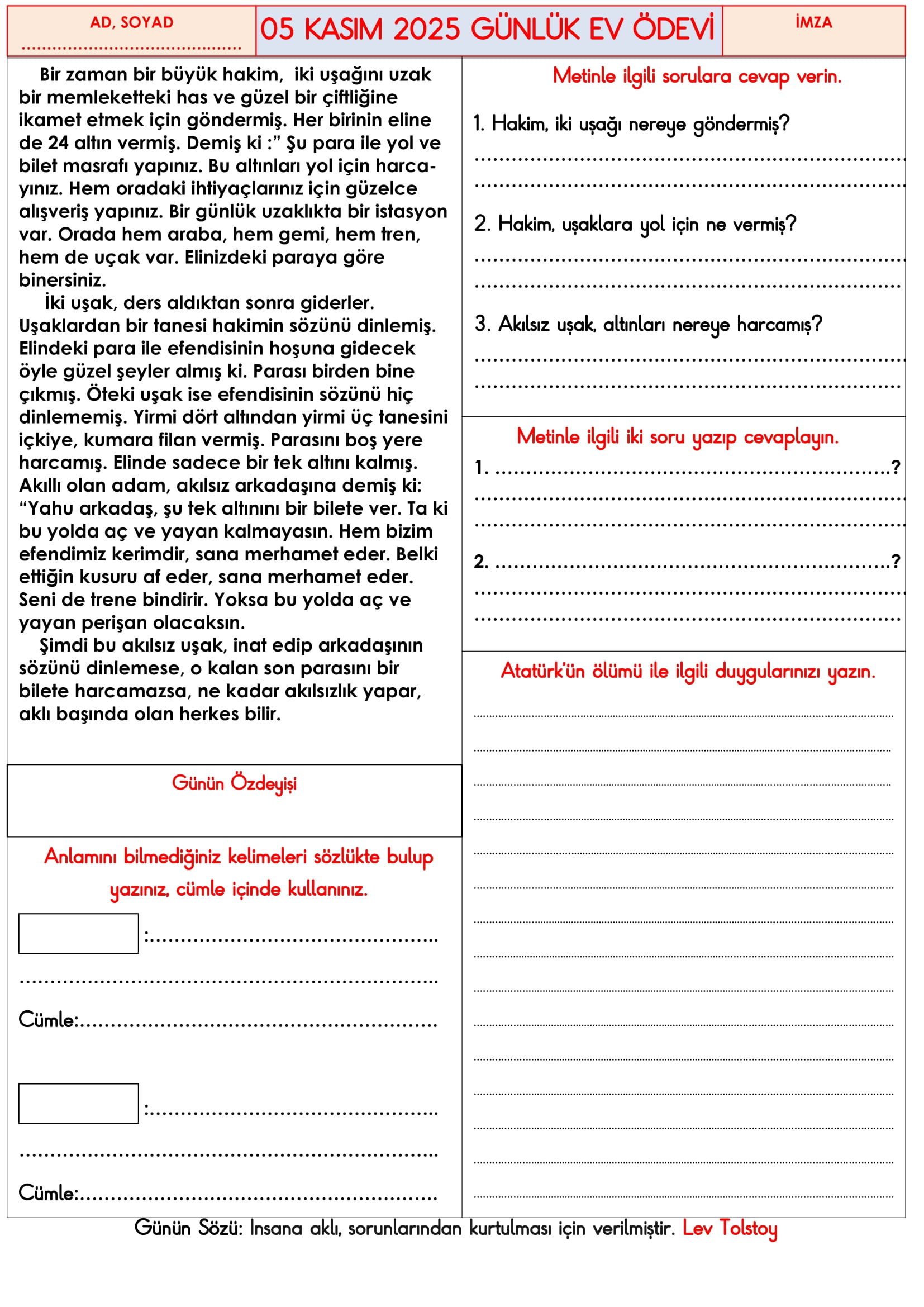 3.Sınıf - 05 Kasım 2025 Günlük Ev Ödevleri