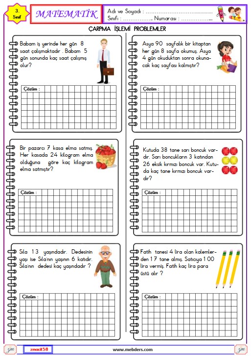 3. Sınıf Matematik Çarpma İşlemleri Problemleri Etkinliği 1