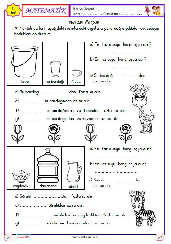 1. Sınıf Matematik Sıvıları Ölçme Etkinliği 3