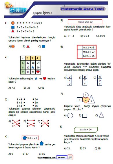 2. Sınıf Matematik Çarpma İşlemi Kazanım Testi 2