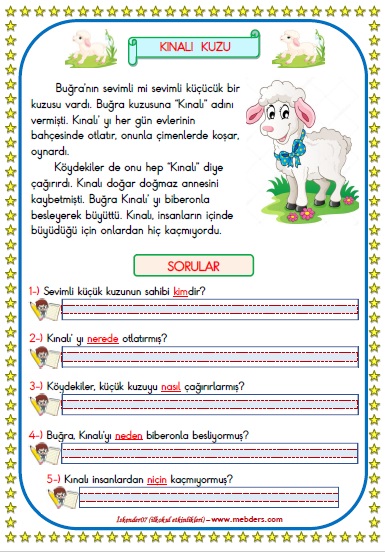 1.Sınıf Türkçe Kınalı Kuzu Okuma Anlama Metin Çalışması  19
