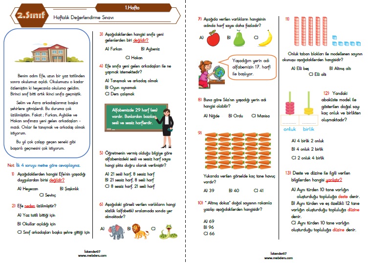 2.Sınıf Haftalık Değerlendirme Testi-1.Hafta(6-10 Eylül)