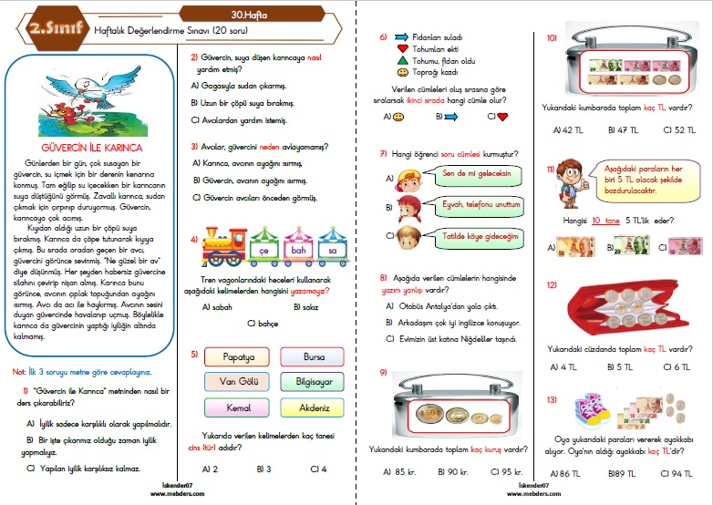 2.Sınıf Haftalık Değerlendirme Testi - 30.Hafta (01-05 Mayıs)