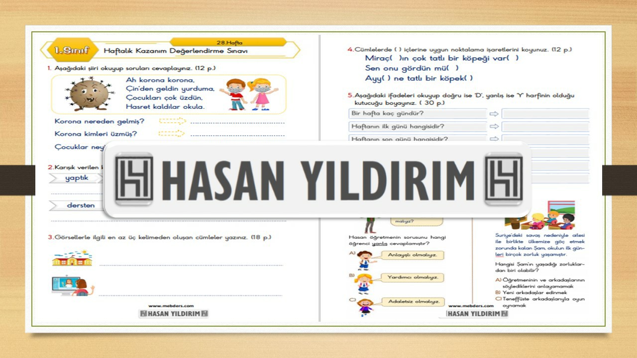 1.Sınıf Haftalık Değerlendirme Sınavı-28.Hafta(26-30 Nisan)