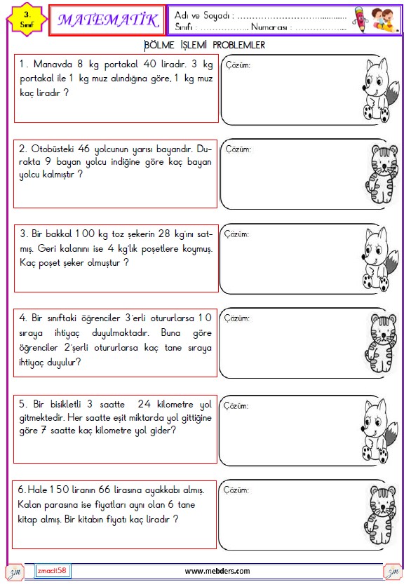 3. Sınıf Matematik Bölme İşlemi Problemler Etkinliği 8