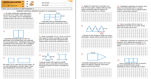 4.Sınıf Matematik Çevre Uzunlukları ile İlgili Problemler 5
