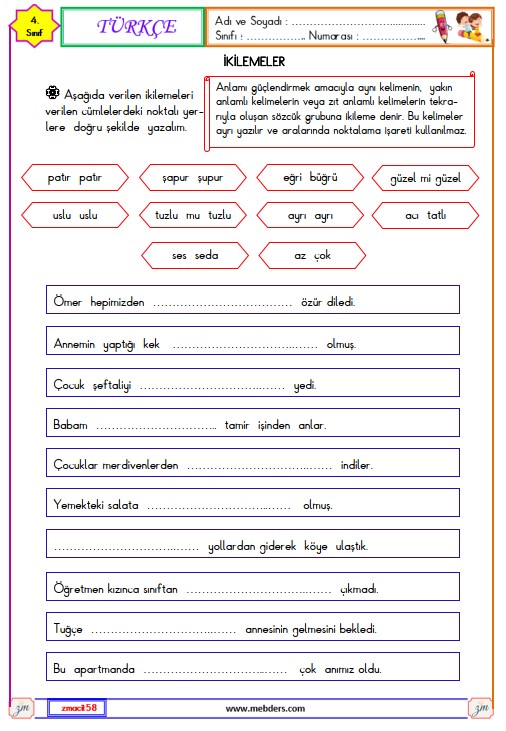 4. Sınıf Türkçe İkilemeler Etkinliği 1