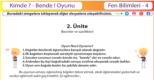 4.Sınıf Fen Bilimleri Kimde  Bende ! Oyunu (Besinler ve Özellikleri)