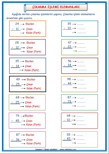 2.Sınıf Matematik Çıkarma İşlemi Elemanları