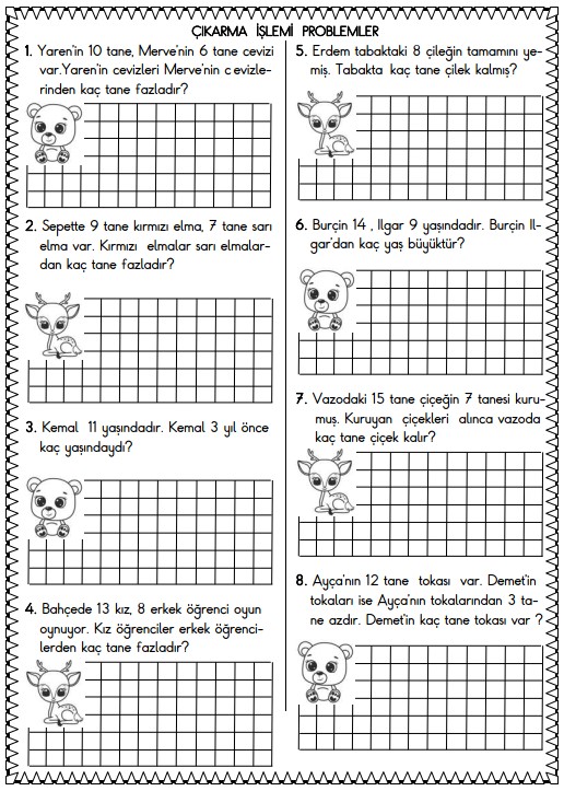 1. Sınıf Matematik Çıkarma İşlemi Problemleri Etkinliği 7