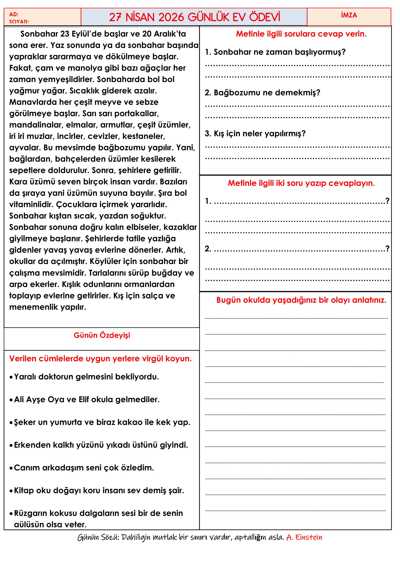 4.Sınıf - 27 Nisan 2026 Günlük Ev Ödevleri