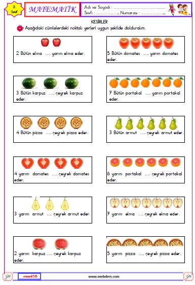 2. Sınıf Matematik Bütün , Yarım ve Çeyrek Etkinliği 3