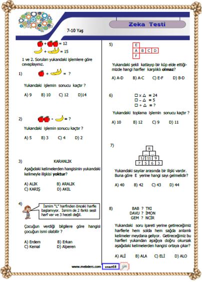 Zeka Testi 8 ( 7-10 Yaş )