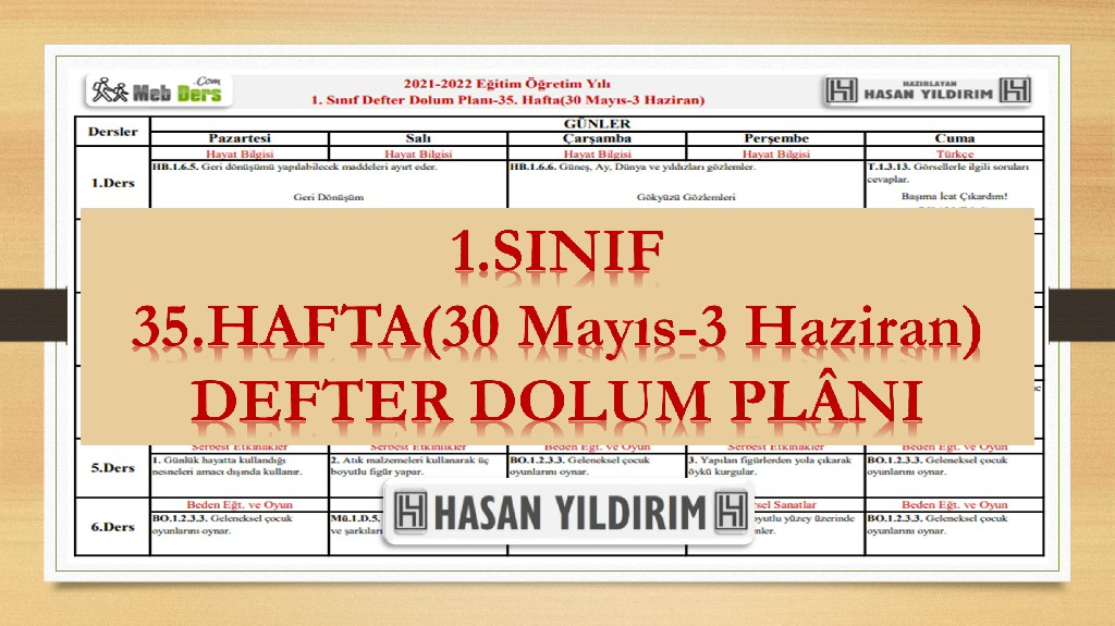 1.Sınıf 35.Hafta(30 Mayıs-3 Haziran) Defter Dolum Planı