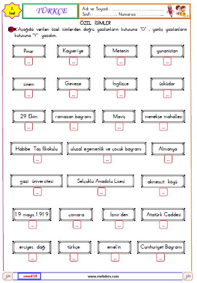 2. Sınıf Türkçe Özel İsim Etkinliği