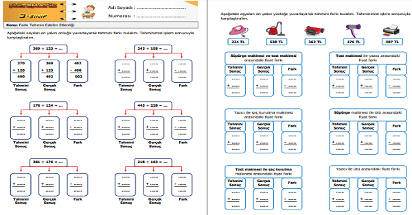 3.Sınıf Matematik Toplamı Tahmin Etme Etkinliği 2
