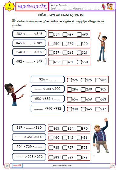 3. Sınıf Matematik Doğal Sayıları Karşılaştırma ve Sıralama Etkinliği 5