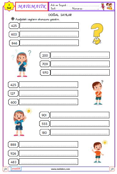 3.Sınıf Matematik Doğal Sayıları Okuma ve Yazma Etkinliği 5