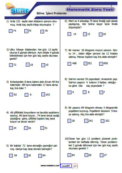 3. Sınıf Matematik Bölme İşlemi Problemler Testi