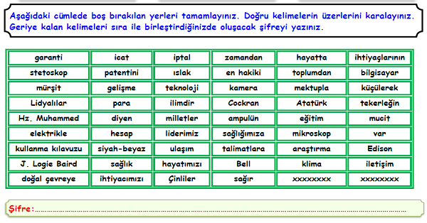 4.Sınıf Sosyal Bilgiler İyi ki Var Ünitesi Boşluk Doldurma Etkinliği