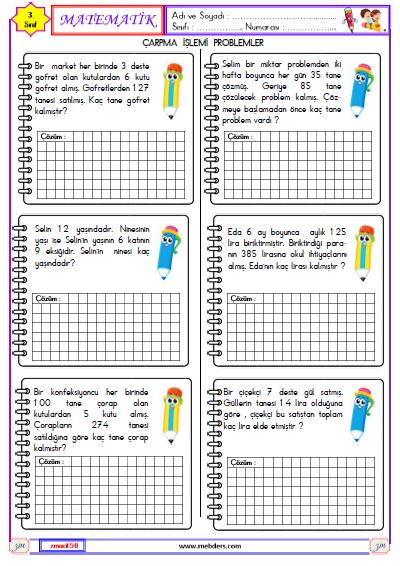 3. Sınıf Matematik Çarpma İşlemleri Problemleri Etkinliği 5