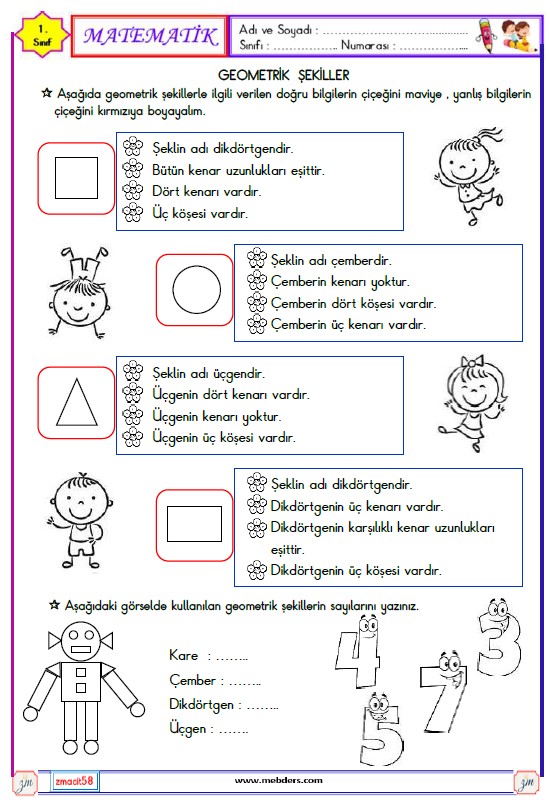 1. Sınıf Matematik Geometri Etkinliği 6