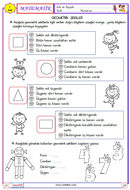 1. Sınıf Matematik Geometri Etkinliği 6