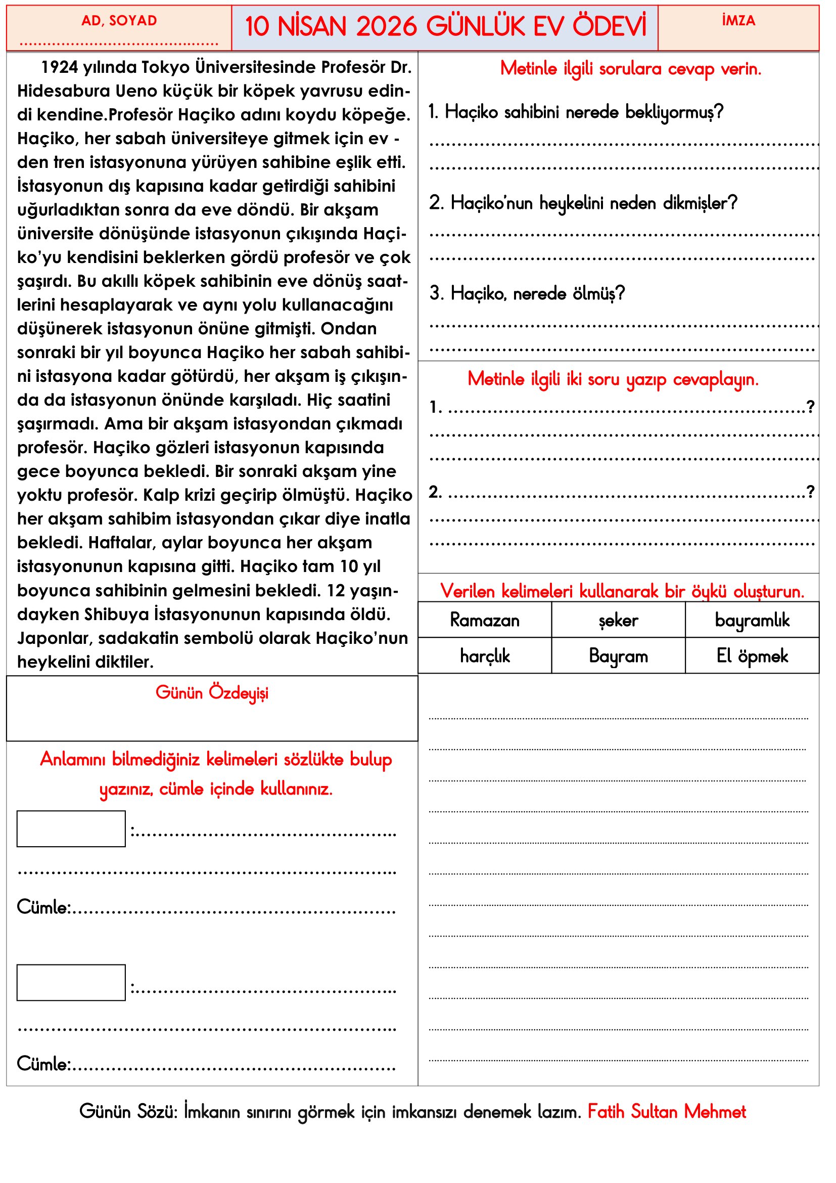 3.Sınıf - 10 Nisan 2026 Günlük Ev Ödevleri