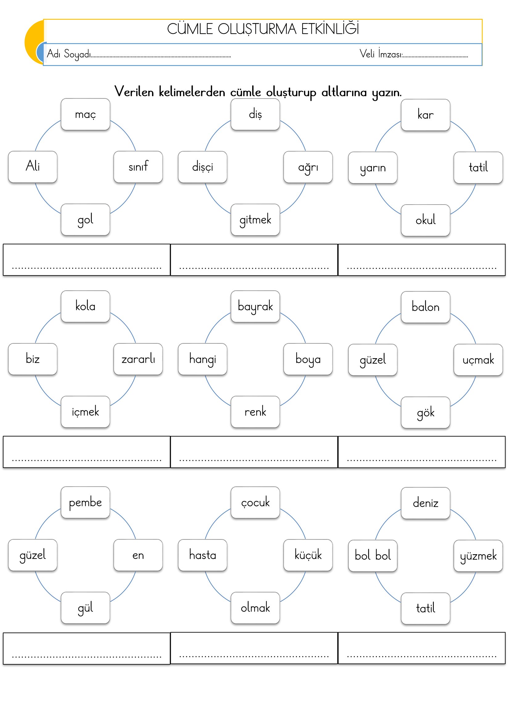 1.Sınıf Türkçe Cümle Oluşturma Etkinliği-2