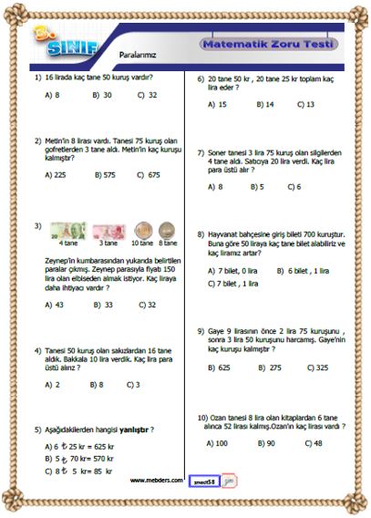 3.Sınıf Matematik Paralarımız Testi