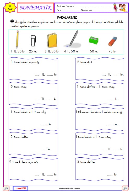 3. Sınıf Matematik Paralarımız Etkinliği 3